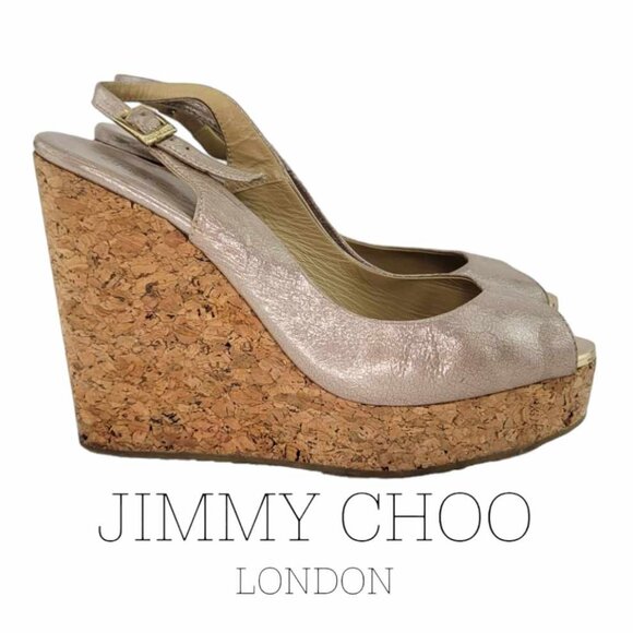 Jimmy Choo Shoes - AUTHENTIC Jimmy Choo Crackled Leather Cork Wedge Slingback Platform Sandal